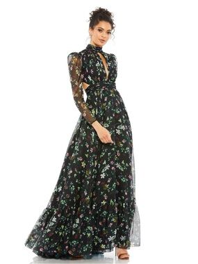 Mac Duggal 67942 Black Floral High Neck Puff Sleeve Gown Size 4 NEW